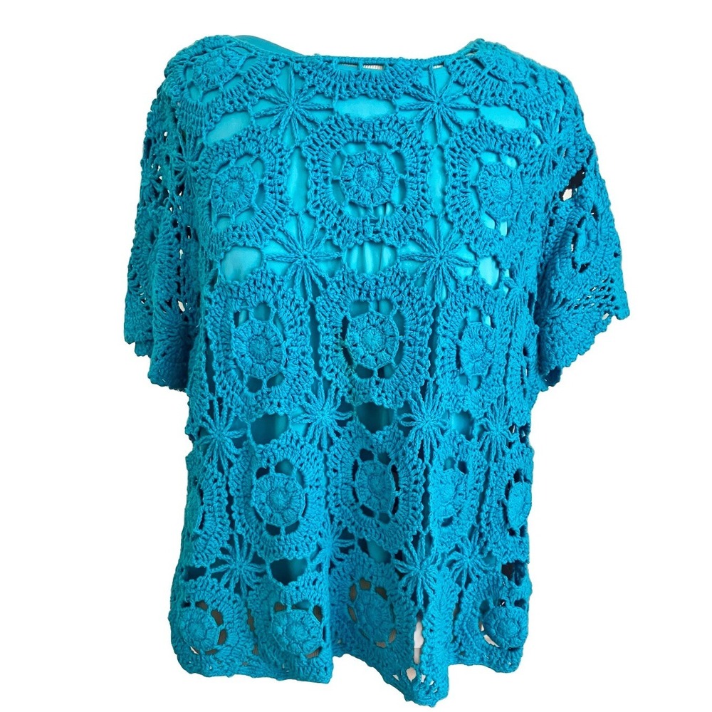 Cottagecore Blair Crochet Sweater Sz L Blue Lined Boho‎ Prairie